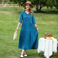 Elegant blue cotton silk tiered midi dress with half sleeves for summer leisure. - XL (Recommended 45-57.5kg) / Dresses / Lake Blue