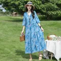 Elegant blue floral cotton silk midi dress for summer beach and vacation wear. - XL (Recommended 45-57.5kg) / Tops / Blue Print (22#)