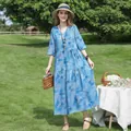 Elegant blue floral cotton silk midi dress for summer beach and vacation wear. - XL (Recommended 45-57.5kg) / Dresses / Blue Print (22#)
