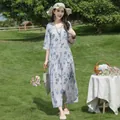 Elegant floral cotton silk summer dress with mid-sleeves for beach or casual wear. - XL (Recommended 45-57.5kg) / Tops / Light Gray Blue Floral (30#)