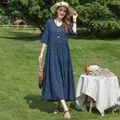Elegant deep blue cotton silk floral midi dress with elbow sleeves for summer vacation - XL (Recommended 45-57.5kg) / Dresses / Dark Blue Floral Print (23#)