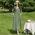 Elegant green floral cotton silk maxi dress with V-neck and half sleeves for summer - XL (Recommended 45-57.5kg) / Tops / Green Floral (31#)