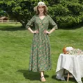 Elegant green floral cotton silk maxi dress with V-neck and half sleeves for summer - XL (Recommended 45-57.5kg) / Dresses / Green Floral Print (31#)