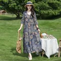 Elegant floral print cotton silk midi dress with half sleeves for summer casual wear - XL (Recommended 45-57.5kg) / Tops / Gray Blue Floral (24#)