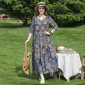 Elegant floral print cotton silk midi dress with half sleeves for summer casual wear - XL (Recommended 45-57.5kg) / Dresses / Gray Blue Floral (24#)