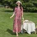 Elegant pink floral cotton rayon midi dress with V-neck and mid-sleeves for summer - XL / Tops / Pink Rose Floral (25#)