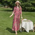 Elegant pink floral cotton rayon midi dress with V-neck and mid-sleeves for summer - XL / Dresses / 25# Pink Rose Floral