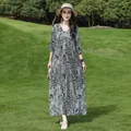 Elegant vintage bohemian print cotton silk maxi dress with midi sleeves for summer - XL / Tops / Blue and White Ethnic Print (27#)