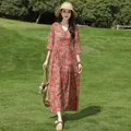 Elegant floral cotton silk summer maxi dress with mid-sleeves for casual beach wear - XL / Tops / Brick Red Retro Print (26#)