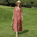 Elegant floral cotton silk summer maxi dress with mid-sleeves for casual beach wear - XL / Dresses / 26# Brick Red Vintage Print