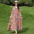 Elegant floral print cotton silk maxi dress with mid-sleeves for summer beachwear - XL / Tops / Multicolor Floral (28#)