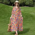 Elegant floral print cotton silk maxi dress with mid-sleeves for summer beachwear - XL / Dresses / 28# Multicolor Floral Print