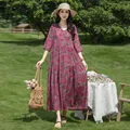 Elegant purple floral print cotton silk dress with 3/4 sleeves and tiered skirt for summer beachwear - XL / Tops / Purple Floral (29#)