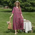 Elegant purple floral print cotton silk dress with 3/4 sleeves and tiered skirt for summer beachwear - XL / Dresses / 29# Purple and Green Leaf Floral
