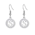Silver stainless steel drop earrings featuring crystal-encrusted initial S design - Letter S Style (80023) / Earrings