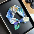 Lightweight 55cm square scarf made of silk cotton blend with artistic abstract print - Spring Blue