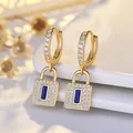 Luxury gold padlock hoop earrings with blue stones and full diamond pavé crystal - Gold