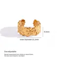 Gold-plated titanium steel adjustable open ring featuring embossed leaf pattern design - Wide Leaf Style (F410)