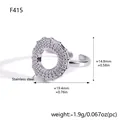 Silver stainless steel open ring with textured gear design, showing detailed dimensions - Round Loop Style (F415)