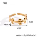 Elegant gold stainless steel leaf open ring shown with precise size and weight data - Willow Leaf Style (F420)