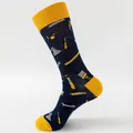 Navy blue mid-calf socks featuring yellow accents and a detailed tool hardware pattern - EU Size 41-46 / Yellow Heel Hardware Tools
