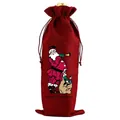 Detailansicht eines roten Jute-Weingeschenkbeutels mit festlichem Weihnachtsmann-Druck - Sideways Santa (Wine Red) Style