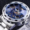 Close-up of a silver skeleton mechanical watch with blue hands and sparkling rhinestones - Blue Dial Silver Band