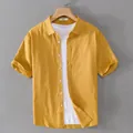 Casual mustard yellow short-sleeved Oxford cotton shirt for men in minimalist style - M / Yellow