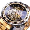 Luxury men's manual mechanical skeleton watch with diamond accents and steel band - Gold Band Black Gold Dial