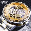 Montre mécanique squelette de luxe pour homme avec cadran doré et lunette en strass - Cadran Doré Bicolore