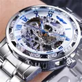 Luxury men's automatic skeleton mechanical watch with silver band and diamond-studded bezel - White Dial Silver Band