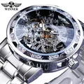Montre mécanique manuelle squelette argentée pour hommes avec lunette ornée de strass - Cadran Noir Bracelet Argent