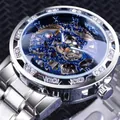 Luxury men's manual mechanical watch with rhinestone bezel and blue skeleton dial - Blue Dial Silver Band