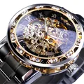 Luxury men's skeleton mechanical watch with diamond bezel and black gold band - Black Strap Gold Case Black Dial