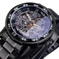 Men's luxury black skeleton mechanical watch featuring rhinestone bezel and stainless steel strap - Black Strap Black Case Black Dial