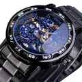 Luxury skeleton manual mechanical men's watch with rhinestones and black steel band - Black Strap Black Case Blue Dial