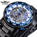 Men's luxury skeleton manual mechanical watch featuring a blue rhinestone studded bezel - Black Band White Dial Blue Words