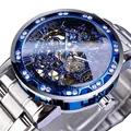 Luxury blue bezel skeleton mechanical watch for men with decorative rhinestone accents - Silver Case Blue Dial Blue Ring