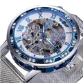 Luxury men's silver skeleton mechanical watch featuring blue Roman numerals and rhinestones - Mesh Band Blue White Dial