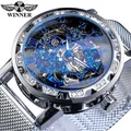 Luxury blue skeleton manual mechanical watch for men with rhinestones and mesh strap - Mesh Band Blue Dial