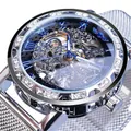 Silver men's skeleton mechanical watch with blue Roman numerals and crystal bezel - Mesh Band Blue Inner Ring