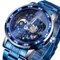 Men's luxury blue skeletal manual mechanical watch featuring a rhinestone studded bezel - Silver Case Blue Band Blue Dial
