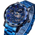 Luxurious blue skeleton manual mechanical watch for men featuring a rhinestone encrusted bezel - Black Case Blue Band Blue Dial