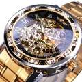 Luxury skeleton mechanical watch for men with gold finish and rhinestone bezel detail - Gold Band Black Gold Dial