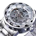 Fashionable men's silver mechanical watch featuring skeleton dial and sparkling rhinestone bezel - White