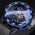 Luxury blue skeleton manual mechanical watch with rhinestone bezel and mesh strap - Mesh Band Black Band Black Dial