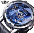 Luxury men's silver skeleton manual mechanical watch with blue decorative hollow dial - Leather Strap Style