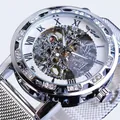 Silver men's manual mechanical watch with skeleton dial and rhinestone bezel decoration - Mesh Band Silver White Dial