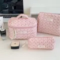 Three-piece pink quilted polka dot cosmetic bag set with elegant Jolly House labels - Strawberry Polka Dot