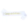 White satin graduation party sash featuring gold glitter Congratulations text and stars - White Sash with Gold Letters